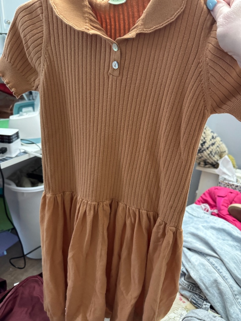 Girls' Ribbed Polo Dress in Camel Brown
